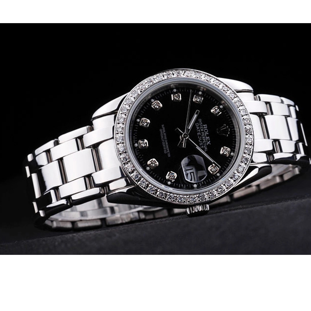 AAA Replica Watches Steel Black DateJust Rolex Bracelet Bezel Stainless Dial Diamond 0721